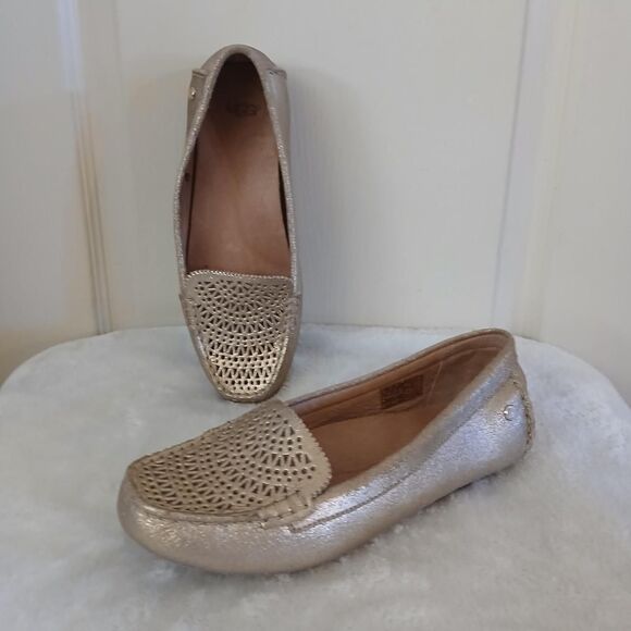 UGG Shoes - UGG Clair metallic gold leather moccasin loafers laser cut perforations 7